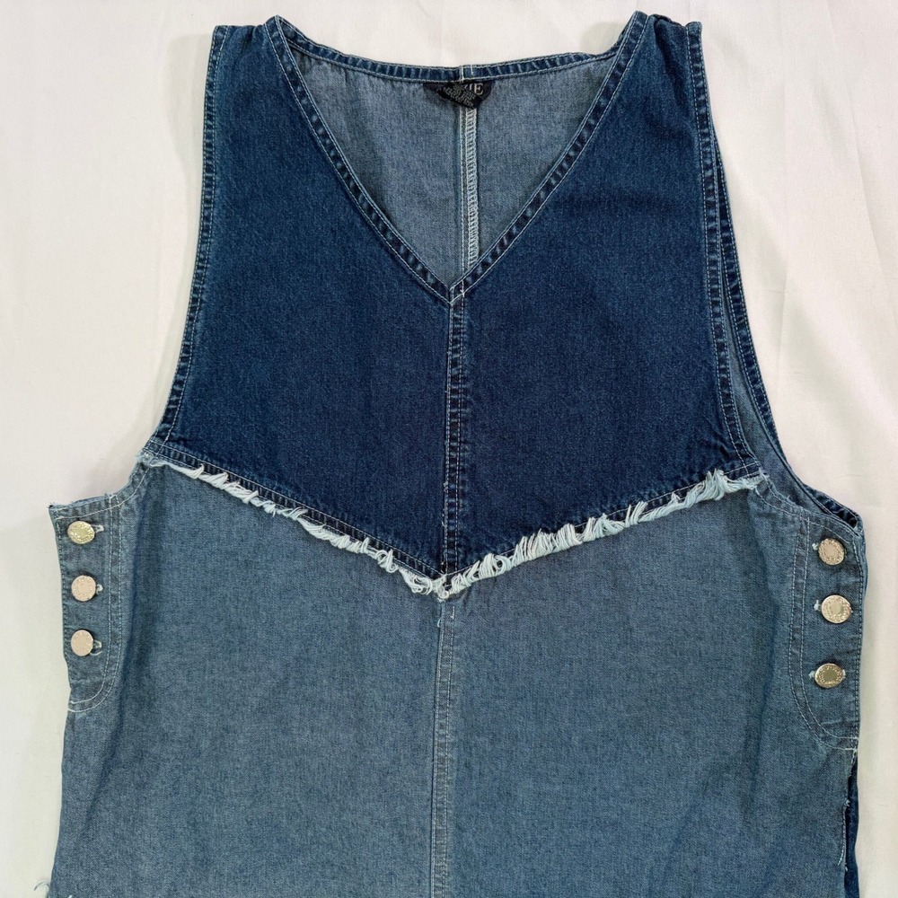 Jazzie Denim Patchwork Midi Dress Womens Medium Blue Frayed Tiered Sleeveless - Picture 6 of 14